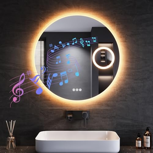 SONNI Badrumsspegel med belysning rund 70 cm, LED-spegel med Bluetooth och touch-brytare, dimbar, dimfri, 3 justerbara ljusfärger