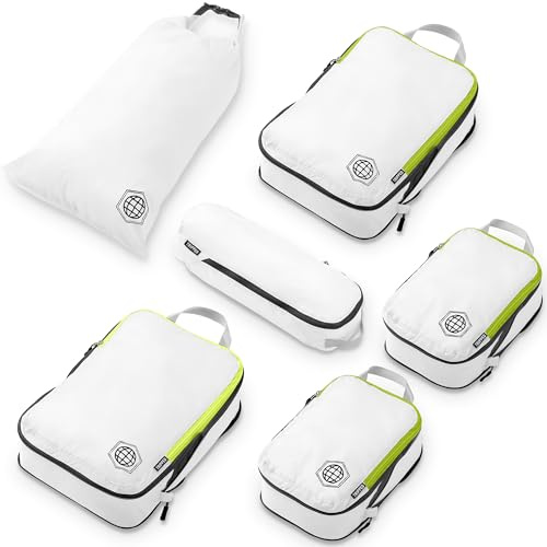 TRIPPED Travel Gear Imballaggio di compressione cubi 6 pezzi Set per durevole del viaggio-leggero Carryon borse Organizer con doppia cerniera di (bianco e verde)