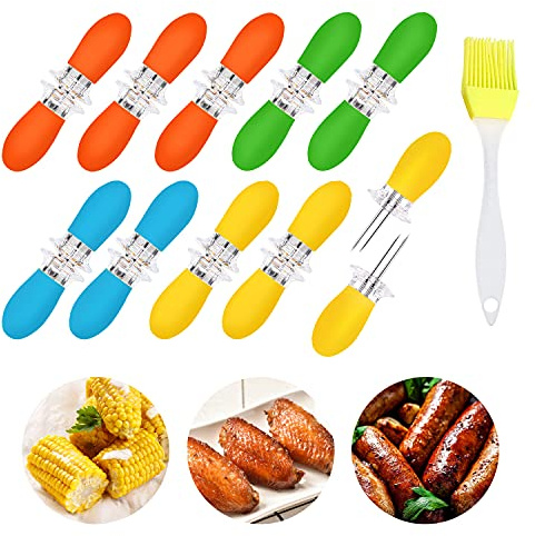 AUGSUN 20Pcs/10 Pairs Stainless Steel Corn Cob Holders BBQ Forks Skewers Corn on The Cob with 1 Oil Brush for Home Cooking Parties Camping