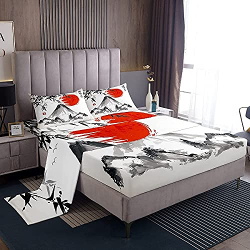 Lenzuola in stile giapponese Fuji Mountain Sun stampato lenzuolo con angoli bambù lenzuola set acquerello inchiostro con 2 federe 4 pezzi biancheria da letto matrimoniale