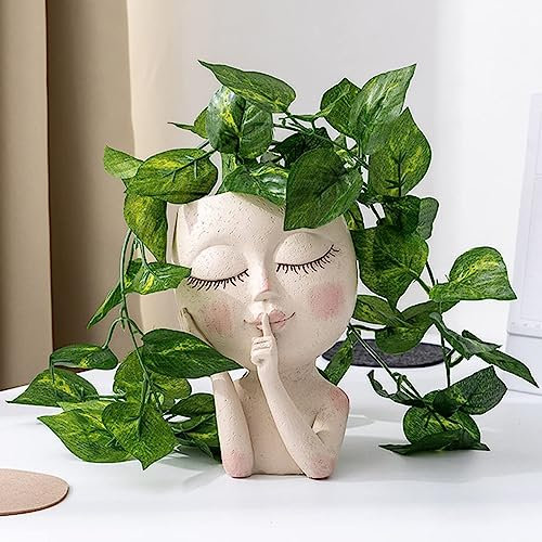 Luyi-Life Girl Face Planter Pot Cute Head Planter,Face Flower Pots for Indoor Outdoor Plants Cactus Succulent Resin Girl Head Planter Pots with Drainage Hole-SHH Closed Eyes for Home Office Garden