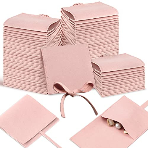 Sotiff 80 Pcs Microfiber Jewelry Pouch 8x8 cm Jewelry Packaging Bag Luxury Small Gift Bag for Small Business Envelope Style Bracelet Packaging Bow Tie Microfiber Pouch with Strings Divider(Pink)