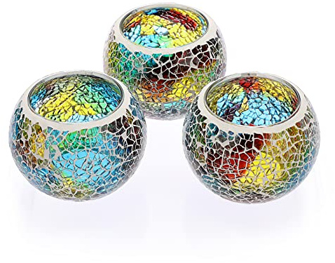 OwnMy Set of 3 Colorful Mosaic Glass Tea Light Holders Round Bowl Votive Candle Holders Pillar Candle Stands, Glass Mosaic Tealight Holders Potted Plant Bowl Vase Candle Centerpiece for Table Wedding
