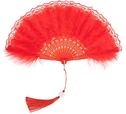 MWOOT Röd Fjäder Fläkt, 1920s Vintage Style Bärbar Vikbar , Broderad spets Fjäder för Halloween Bröllop Dansande Tea Party