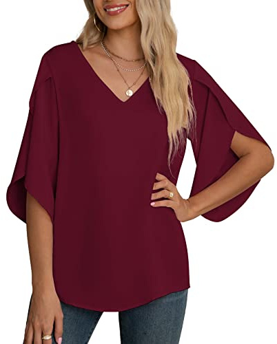 Yommay Chiffongblus för kvinnor damtoppar elegant ledig lös 3/4 veckad delad ärm V-hals sommarblus t-shirts, Vinrött, 3XL