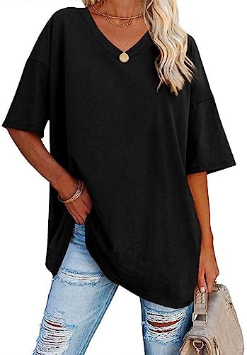 WINKEEY Camisa de Manga Corta de Color sólido para Mujer Camiseta básica Suelta de Verano Cuello en V Casual tee Tops (1Negro,S)