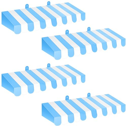 Boao 4 Pack Blue and White Awning Decoration 3D Stripe Cardboard Awning Carnival Wall Decor Circus Party Favors for Lemonade Stand Bakery Ice Cream Truck Bulletin Board Decor