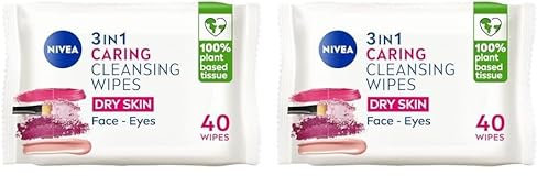 NIVEA Biodegradable Caring Cleansing Wipes Dry Skin, Biodegradable Wipes made from 100% Plant Fibres, Make-Up Wipes, Face Wipes Makeup Remover, (40 sheets) (Pack of 2)