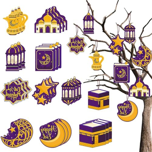 Eid Mubarak Decoraciones 30 Piezas Ramadán Mubarak Colgante Decorativo Luna Estrella Mezquita Eid Mubarak Adornos colgantes para Ramadán Mubarak Decoración, Regalos Ramadán (morado)