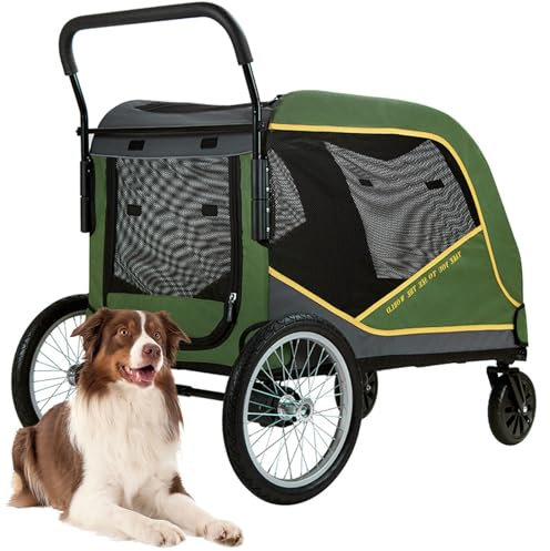 RUYICZB Hund Trolley Haustier Katzenwagen Extra Großer Hundebuggy Für Mittelgroße Und Große Hunde Bis 80Kg, Atmungsaktives Netz, Faltbar, 4 Gummi-Räder, 115 X 62 X 101Cm,Grün