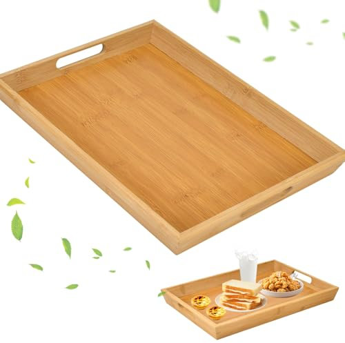ADERTOS Bandeja de Madera, Bandeja Bambú para Servir con Asas, Bandejas para Servir Comida, Bandeja Rectangular Cocina, Bandeja de Bambú, Bandejas Madera Robusta para Desayuno Té Café Pan (37*26*4cm)