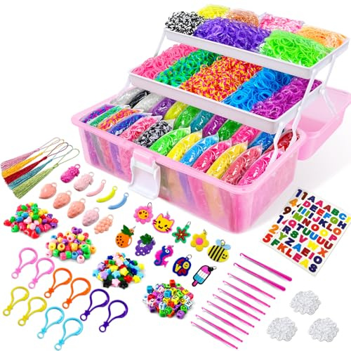 ROSHUKG 14500 Loom Bänder Set, 28 Farben Gummibänder Making Kit mit 3 Schicht-Container für Mädchen Jungen(Rosa)