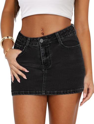 IWD Denim Mini Skirt Women Casual Stretch Jean Skirt Zip Fly Low Waisted Denim Skirt with Pockets Black Medium