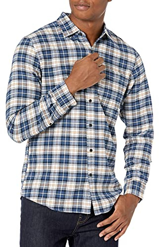 Amazon Essentials Men's Långärmad rutig flanellskjorta smal passform (färger i begränsad upplaga), Blå Brun Rutig, M