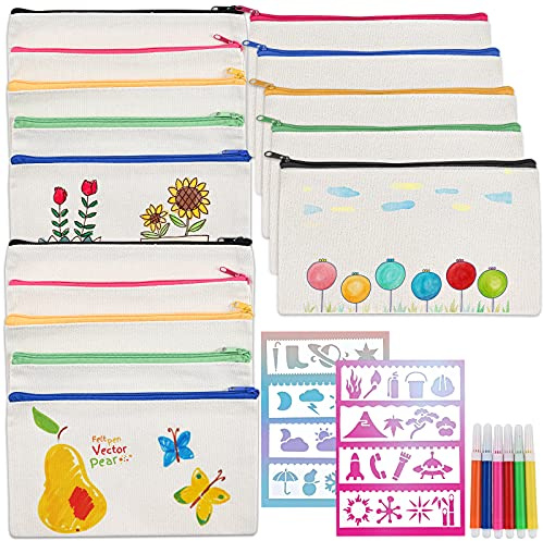 Cieex Trousse à Décorer 15 Pièces Pochette Tissu Zippée Trousse Personnalisable pour Bricolage Anniversaire Fêtes Activités en Classe et Familiales