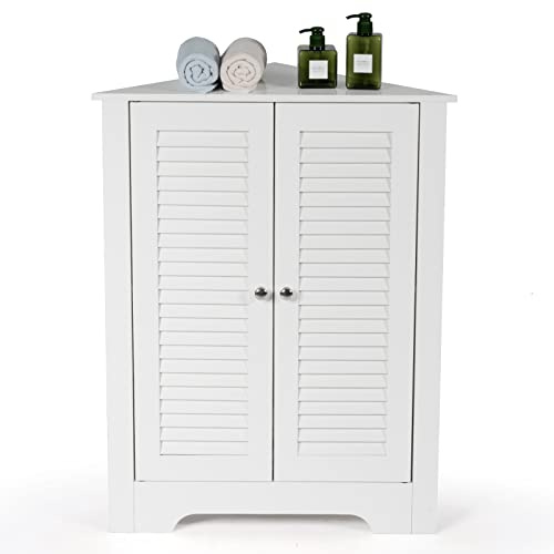 COSTWAY Meuble d'angle, avec 2 Portes et Étagère Réglable, Meuble de Rangement Autoportant pour Salle de Bain, Entrée, Salon, Chambre, Blanc/Gris/Marron (Blanc)