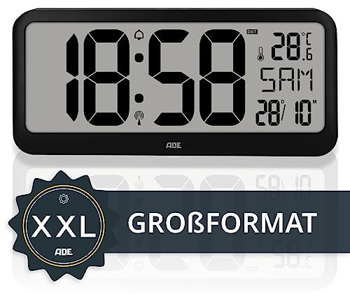 ADE Sehr große Digitale Wanduhr mit XXL-Ziffern | Funkuhr mit Kalender | perfekt für Büro, Großraum, Werkstatt, Senioren | Thermometer & Alarm | Tischuhr schwarz