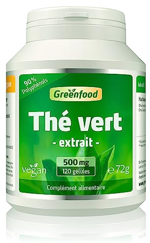 Greenfood Thé vert, 500 mg, extrait de feuille fortement dosé - 90% de polyphénols, pur, naturel, 120 gélules, végan. Sans additifs artificiels. Sans OGM. Gélules végétales.