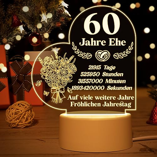 Vetbuosa Deko zum 60 Hochzeitstag, Acryl Nachtlicht | Diamantene Hochzeit Deko, Diamantene Hochzeit Geschenk, Geschenk zum 60 Geburtstag Mann, Geschenk zum 60. Jahrestag