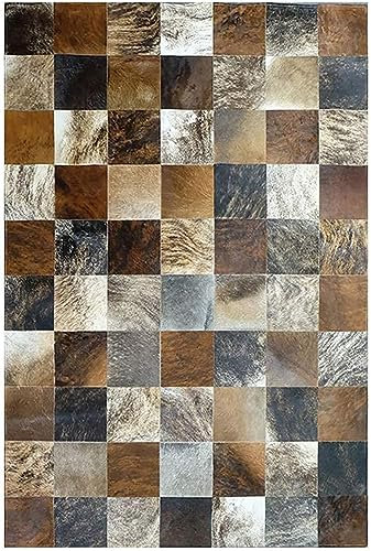 R&RENXIA Peau de Vache Véritable de Qualité Supérieure, Tapis Patchwork Fait à la Main en Cuir, Cheveux Authentiques Originaux sur Cuir de Vache, Grand Format 90cm×120cm