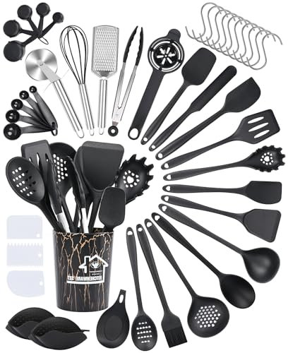 Czemo Utensilios de Cocina de Silicona 44 Piezas Juego de Utensilios Antiadherentes, Resistentes al Calor, Cucharas de Cocina Silicona, Cucharas de Drenaje, Negro