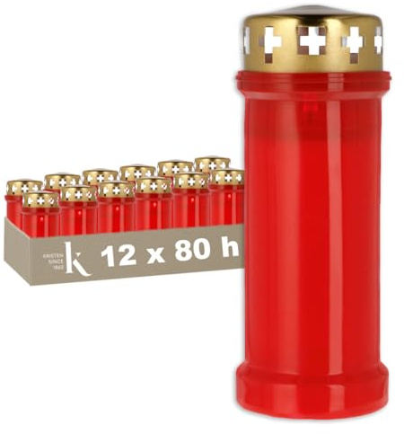 KRISTEN Lanterne funéraire extérieure traditionnelle 6D – 80 heures de combustion – Rouge – Lot de 12 pièces – Pack économique – Lumière commémorative, bougie funéraire, bougie commémorative