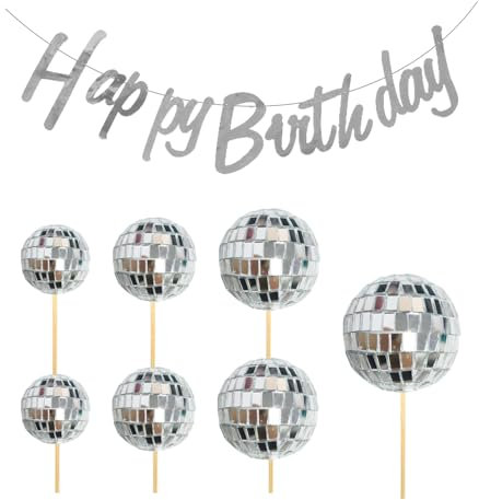 EHDWXVZM 7 Pezzi di Palline da Discoteca, 1 Pezzo di Bandiera di Compleanno, Decorazione per Torta con Palla da Discoteca, Palline per Decorazione Torta, Forniture per Decorazioni per Feste A Tema