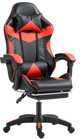 Panana Gaming Racing Desk Chair Adjustable Seat Hight Swivel Reclining Chair with Lumbar and Head Pillow Footrest (Red)