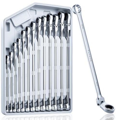 toolant Extra Long Ratcheting Wrench Set, Flex Head & Fixed Offset Head Double Box End Combination Wrench Set, CR-V Steel, SAE 5/16-1, 13PCS with Storage Tray
