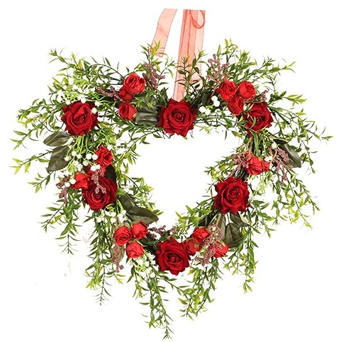 Cabilock Colgante Forma de Corazón con Rosas Artificiales Luminosas Decoración para Puerta y Porche Adorno Festivo Iluminado para San Valentín sin Batería Incluida