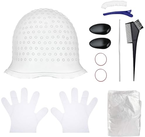 KEQAR 1 Set Strumenti per Colorazione Capelli, Cuffia Meches Professionale Forata in Silicone Morbido ed Elastico, Riutilizzabile, con Ago e Fori, per Casa e Salone di Parrucchiere