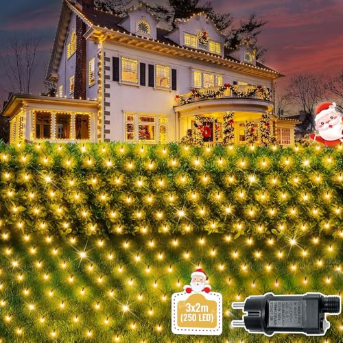 Soontrans LED Lichternetz 3x2m 250 Warmweiße LED, Großflächig Beleuchten, Lichtervorhang Erweiterbar & 8 Modi & Speicherfunktion & IP44 Wasserdicht & mit Trafo, Weihnachtsbeleuchtung für Innen Außen