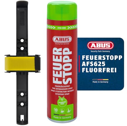 ABUS Feuerlöschspray Feuerstopp AFS625 fluorfrei + Halterung für Wand & Auto - Set - handlicher Feuerlöscher gegen Entstehungsbrände der Brandklassen 5A und 5F - für Haushalt, Küche, Camper, Grill