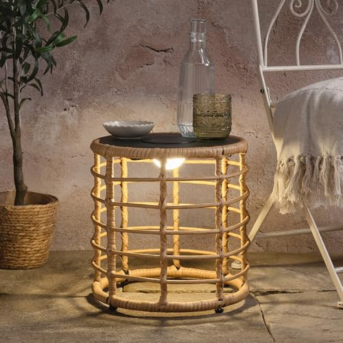 Lights4fun Hygge Solar-Beistelltisch in Flechtoptik mit dimmbarer Beleuchtung | warmweiße LED | Solarbetrieb Sonnenenergie | Sommer Dekoration für Außen Balkon Garten Terrasse | Maße (H) 36 cm × 35 cm