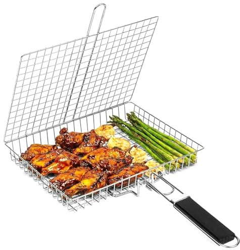 Cestino per grigliare pesce, pieghevole, portatile, in acciaio inox, per pesce, verdure, gamberetti, con manico rimovibile, accessorio per cucina all'aperto, campeggio, regalo di compleanno per uomini