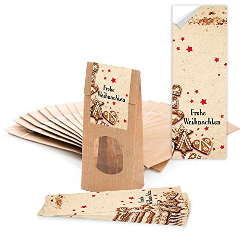 Logbuch-Verlag 10 braune Geschenktüten mit Fenster 7 x 4 x 20,5 cm + Weihnachtsaufkleber FROHE WEIHNACHTEN - Verpackung Tee Pralinen