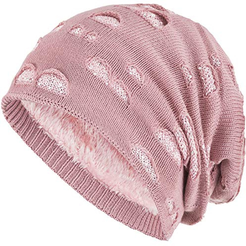 Compagno Mütze Damen Wintermütze mit Pailletten warm gefütterte Beanie Strickmütze Hat Haube Einheitsgröße, Farbe:Rose