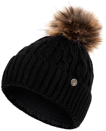 HEYO Damen Wintermütze mit Fleece Innenband H18527 | Slouch Beanie Winter Mütze | Warme Strickmütze mit Bommel | Bommelmütze (Schwarz)