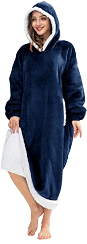 HBlife Long Oversized Wearable Blanket Hoodie for Adults, Thick Sherpa Fleece Sweatshirt with Elastic Sleeves & Giant Pockets, Cozy Plush Fleece Jacket, Blue
