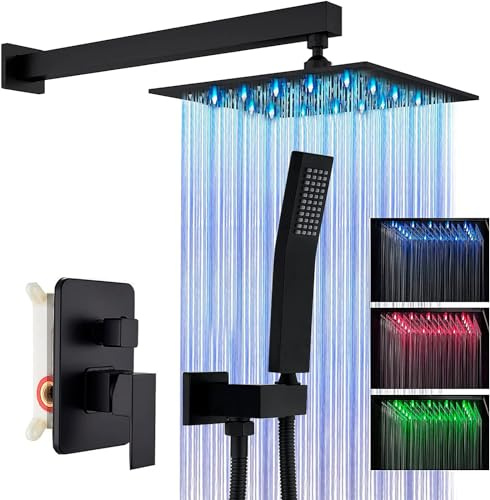 Suguword Shower Faucet Set Matte Black Rain Shower System with 12 Inch LED Square Rainfall Shower Head and and Handheld Spray Luxury Bathroom Shower Faucet Sets Complete Combo Set Wall Mounted