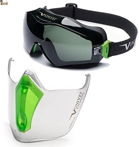 BricoLoco Gafas protección y seguridad en trabajo. Antivaho. Antiempañante. Protectoras antilíquidos antipolvo. Función cubregafas para trabajar con gafas graduadas. (Gafa lente oscura + panatalla)