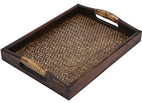 Bandeja de Madera de 9 Pulgadas,Bandeja de Rat¨¢n, Bandejas para Servir Comida con Asas, Bandeja para Desayuno, Bandejas Antideslizantesm, Bandeja de Servicio para Desayuno Bebidas Refrigerios