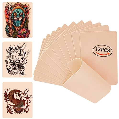 12 Stück Tattoo Übungshaut, Silikon Doppelseitig professionelle Kunsthaut zum temporären Üben von Tattoos Schablonen gefälschte Silikonhaut für Anfänger (15 cm * 20 cm * 1 cm)