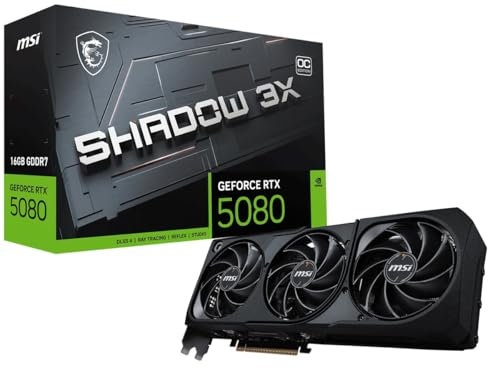 MSI NVIDIA GeForce RTX 5080 16G Shadow 3X OC Carte Graphique -16 Go GDDR7 (30 Gb/s/256 Bits), PCIe 5.0, Triple Ventilateur (3X Ventilateurs TORX 5.0) - HDMI 2.1b x 1, DisplayPort 2.1b, SFF Ready