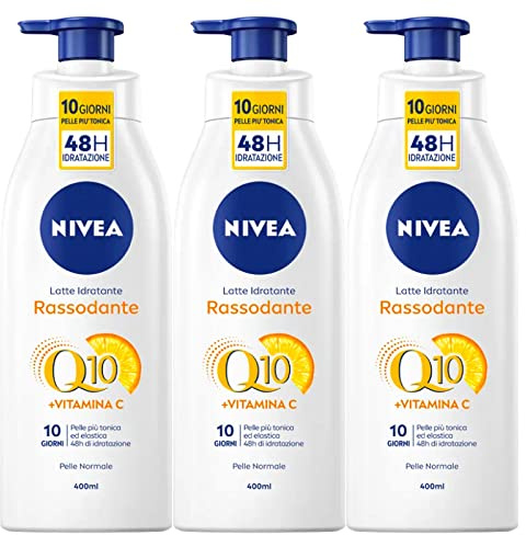 Nivea Q10 Feuchtigkeitsspendende Milch Vitamin C straffende Wirkung, elastisch, nährend, antioxidativ, 48 Stunden, schnelle Aufnahmeformel für normale Haut, 3 Flaschen à 400 ml