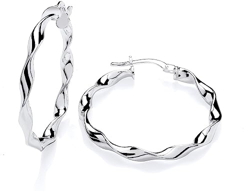 Old English Jewellers Sterling Silver Fancy Twist Hoop Creole Earrings - 30mm Diameter - 925 Silver