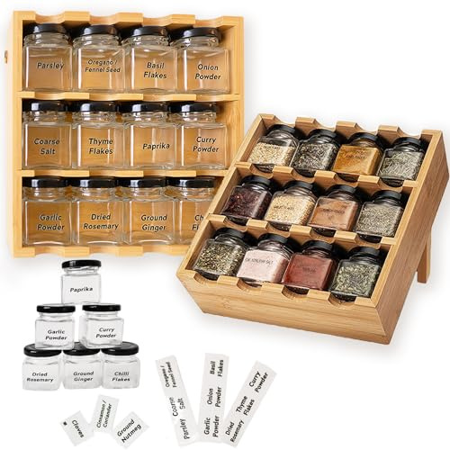 Yearonan Gewürze set-Gewürze organizer-Natürliches Bambusholz, 12 Gewürzflaschen, Aufbewahrungsständer, Geeignet für Küche, Restaurant, Gartenparty, Picknick und Camping-Gewürzregal holz.