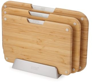 Joseph Joseph Nest Boards 3-Piece Bamboo Chopping Board Set, Double-Sided, Non-Slip Feet, Stainless-Steel Tabs, Food Icons, Metal Stand