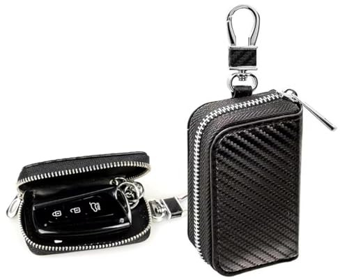Aczyqws Leather Car Key Fob Case Holder for Men and Women, Car Smart Keychain Protector Cover Carbon Fiber Car Key Holder Zipper Bags Black, Car
