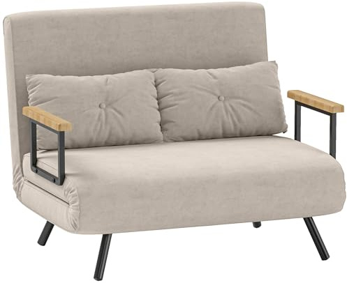 HOMCOM 4 in 1 Divano Letto 2 Posti, con Schienale Regolabile in 5 Posizioni, Divano Letto Matrimoniale Pieghevole con 2 Cuscini, Seduta Imbottita, in Velluto per Casa e Ufficio, 102x73x81 cm, Crema